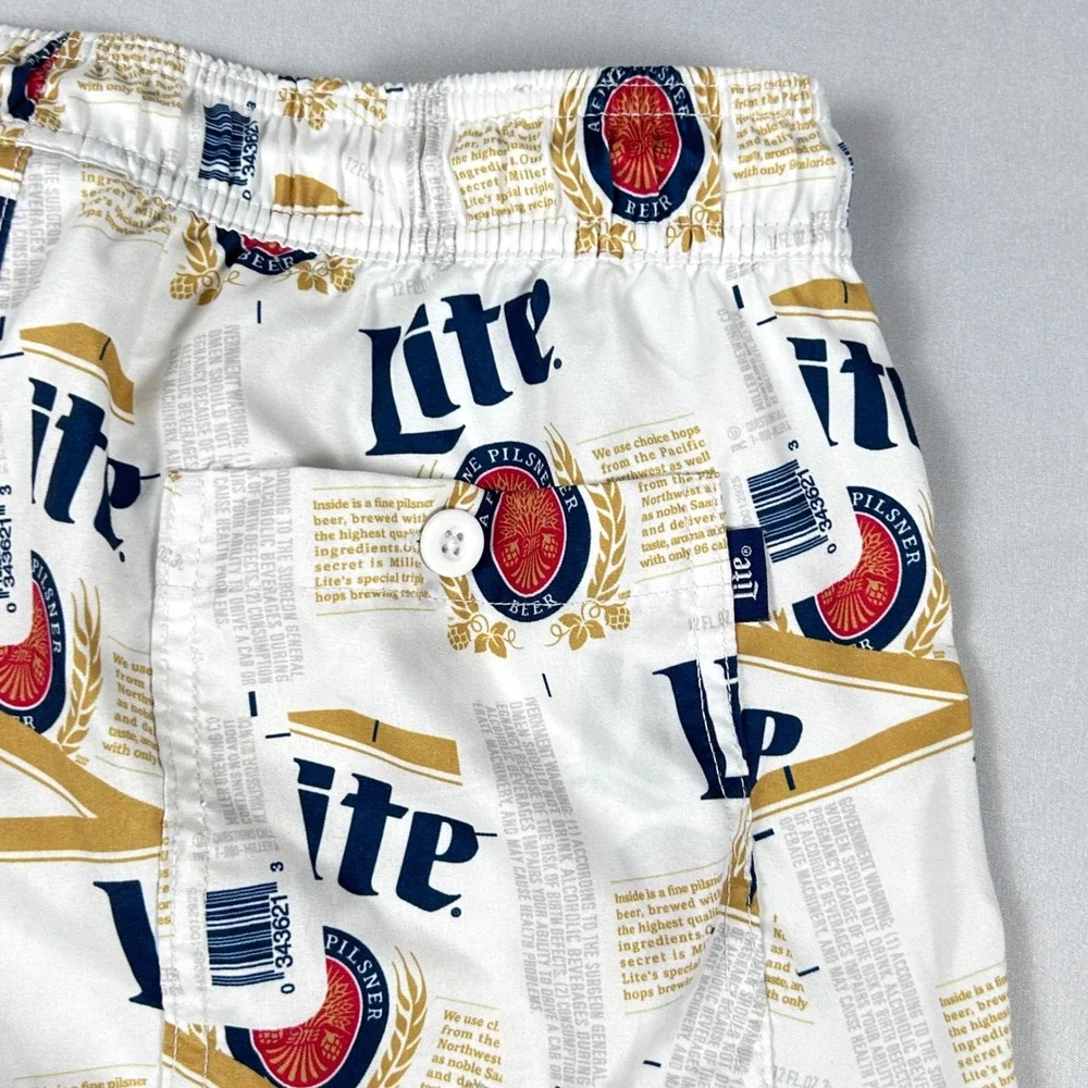 Miller Lite Beer Label Swim Trunks Men's Small White Logo Print Board Shorts